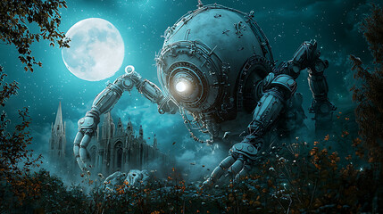 Obraz premium gothic scene featuring large AI automaton restoring crumbling structure under full moon. atmosphere is mysterious and captivating, blending technology with nature