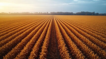 Aerial view of golden farmland showcasing rows of harvested crops under a beautiful autumn sky in a rural landscape.