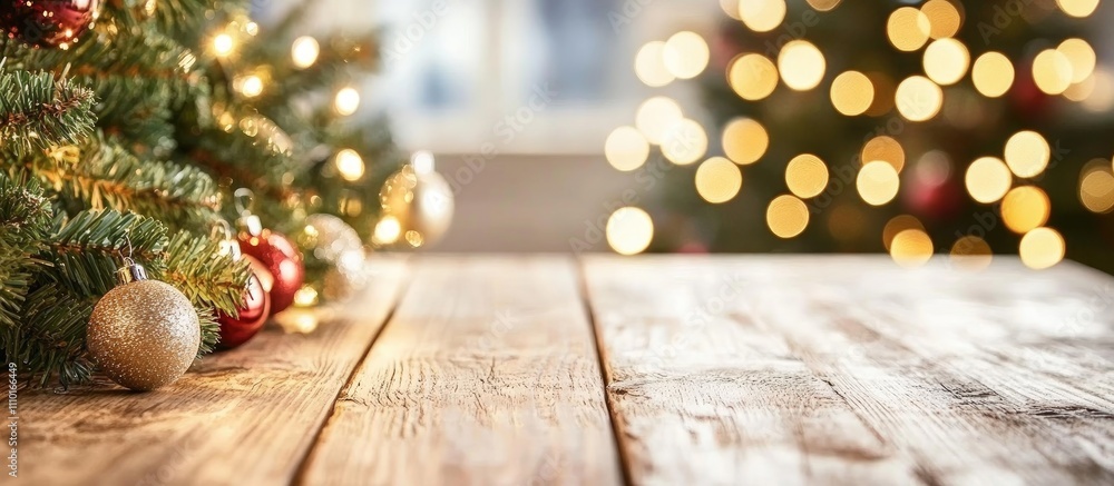 Poster christmas themed backdrop with blurred fir trees and bokeh lights for product display over wooden ta