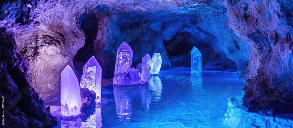 Poster cave with colorful crystals reflecting in water creating a serene atmosphere in crystal cave mountai