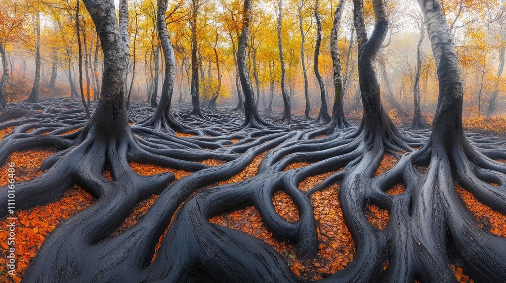 Poster entwined black roots in an autumn forest with vibrant foliage and mist creating a mystical atmospher