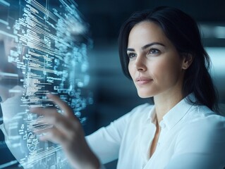 Professional woman interacting with futuristic digital interface, analyzing data and visualizing technology in a modern workspace setting with glowing graphics