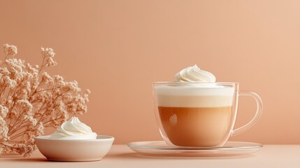 Melange coffee features a beautifully layered drink topped with whipped cream, accompanied by a delicate dessert and soft floral accents against a warm peach backdrop.