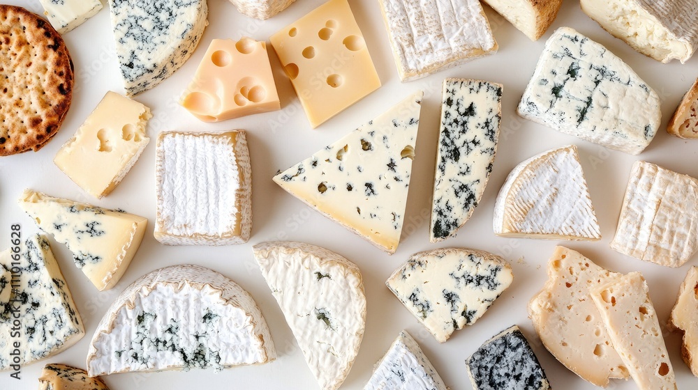 Poster assorted cheese varieties arranged artfully on a light background for culinary or dairy-themed desig