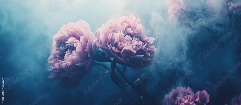 Aufkleber Surreal bird's eye view of enchanting peonies surrounded by ethereal colors and soft mist with ample copy space for design use