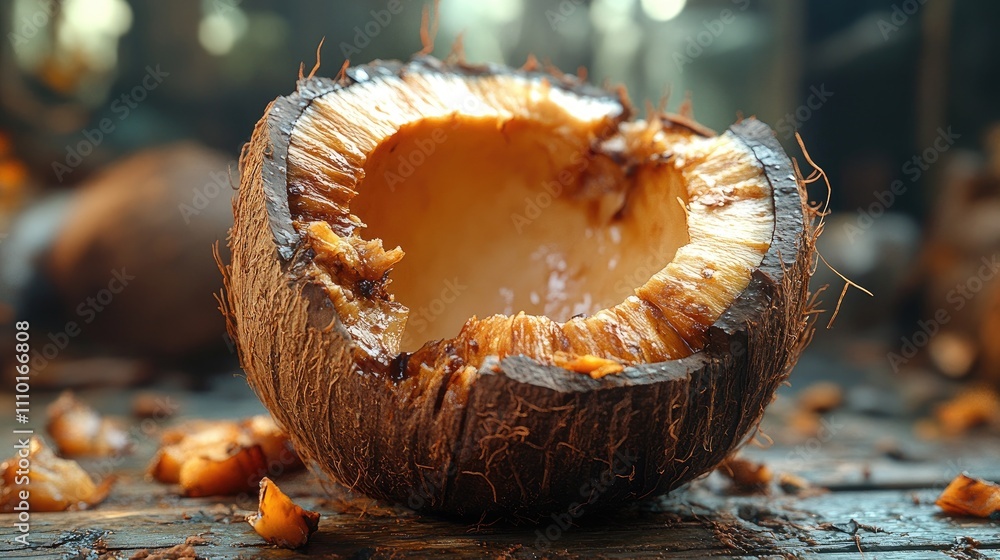 Poster close-up of a brown coconut with removed shell revealing the inner fruit on a rustic wooden surface 