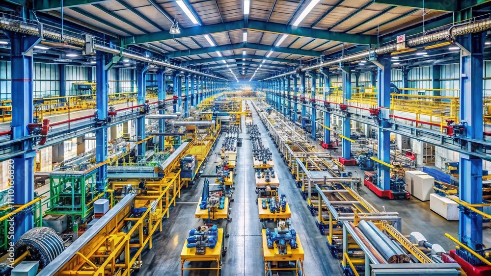 Poster aerial view of an efficient factory assembly line with machines in operation, highlighting industria
