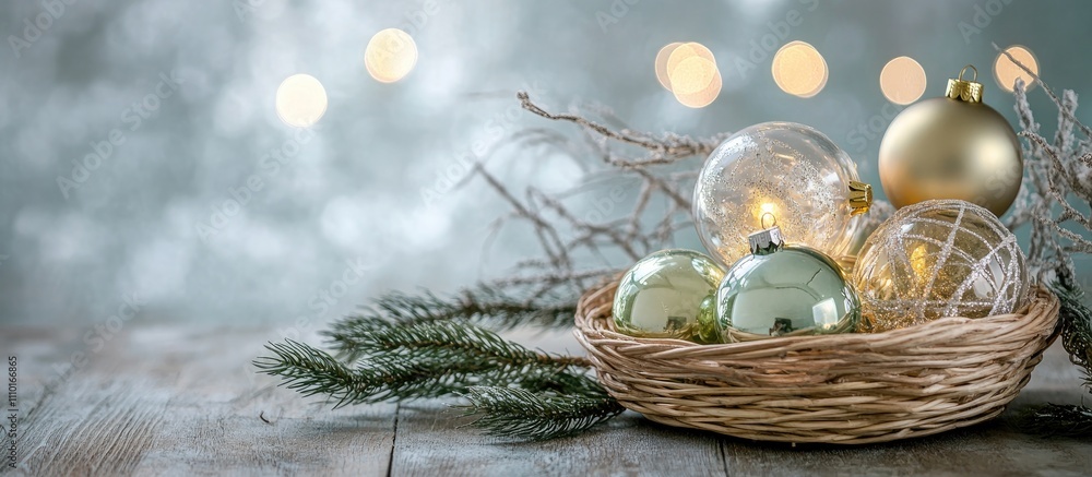 Aufkleber elegant christmas and new year composition featuring transparent ornaments in a wooden basket with f