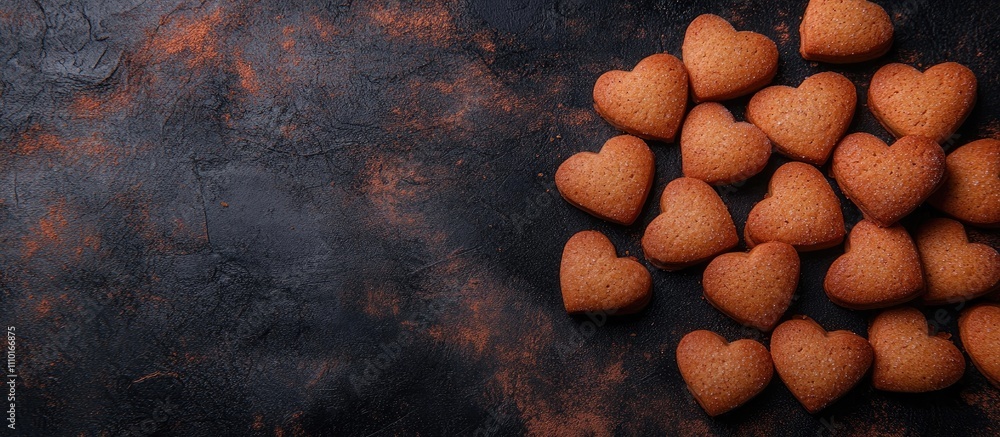 Poster heart shaped butter cookies arranged on a dark textured background with space for recipe ingredients
