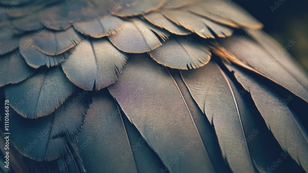 Poster Close-up of intricate bird feathers showcasing textures and color variations in natural light for wildlife and nature themes.