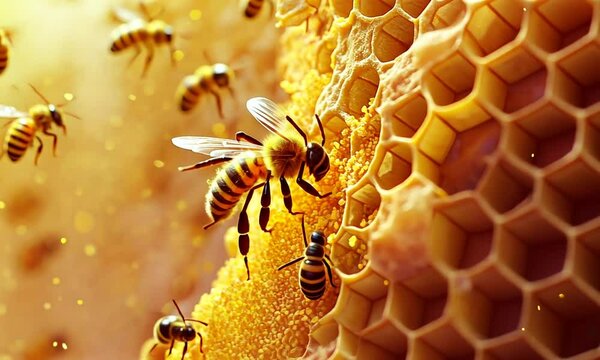 Close-up of bees collecting pollen from honeycomb, showcasing nature's pollination process.