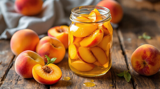 Peach Compote. Jar of peach compote with fresh peaches on a wooden table, sweet and natural fruit storage concept