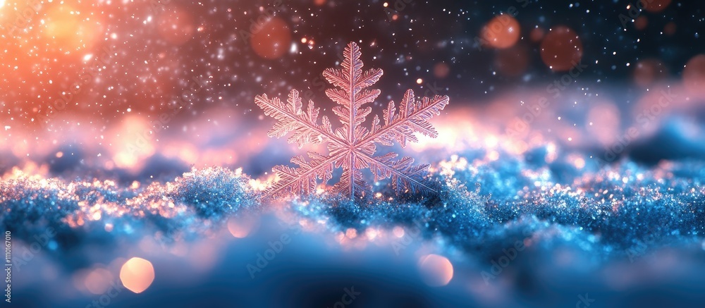 Poster Snowy winter landscape with a shimmering snowflake surrounded by soft snowfall and a magical bokeh light effect in the background