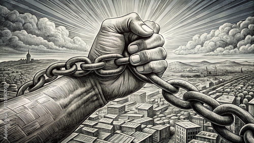 Poster aerial view of an engraved style hand holding a chain in black and white, capturing intricate detail