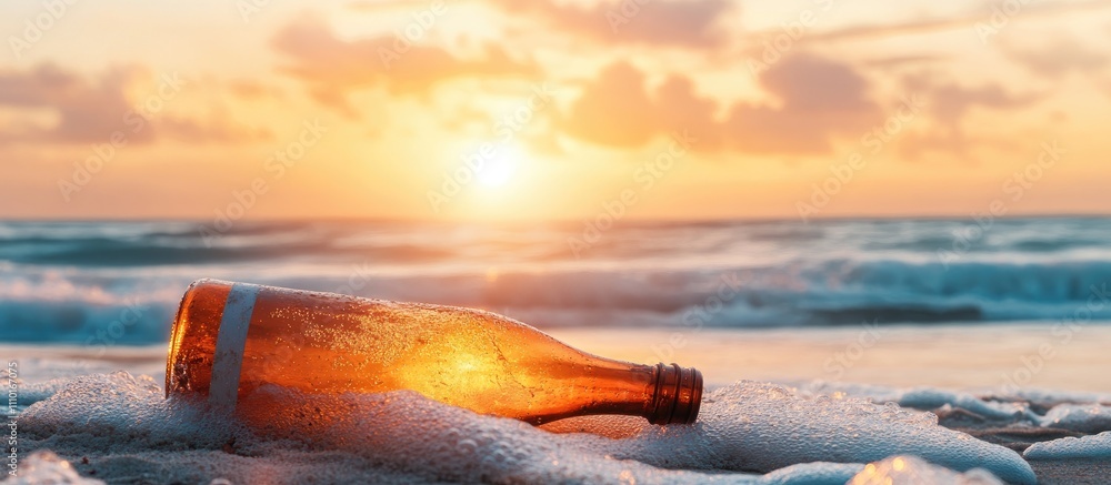 Aufkleber Sunset over ocean with a glass bottle washed up on the shore creating a serene and nostalgic beach scene.