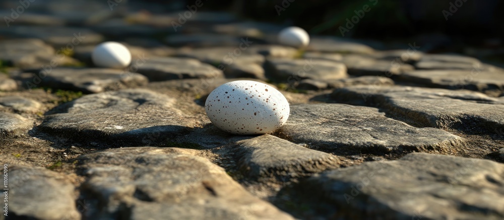 Poster chicken eggs positioned on a rustic stone surface showcasing natural textures and subtle lighting fo