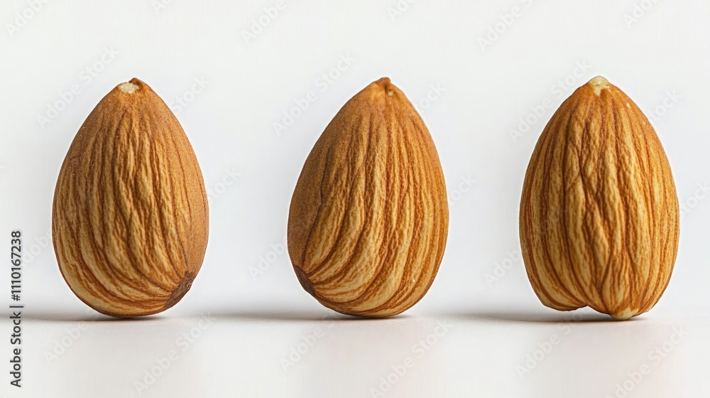 Poster almond nuts arranged in a row on a clean white background showcasing their natural texture and color