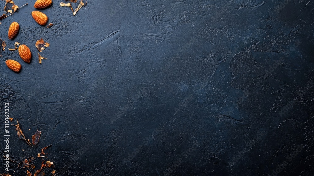 Poster almond nuts arranged on a textured dark background with ample copy space for compositions or promoti