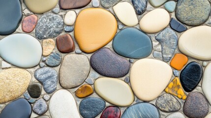 A striking image of abstract, multi-colored pebbles forming a cohesive, intricate mosaic pattern on a smooth surface