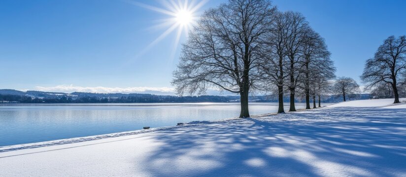 Winter landscape by a serene lake with snow-covered banks and bare trees under a bright sun in a clear blue sky.