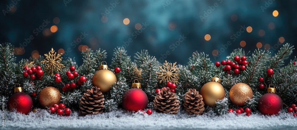 Aufkleber christmas backdrop with fir branches cones and festive gold and red ornaments creating a cozy holida