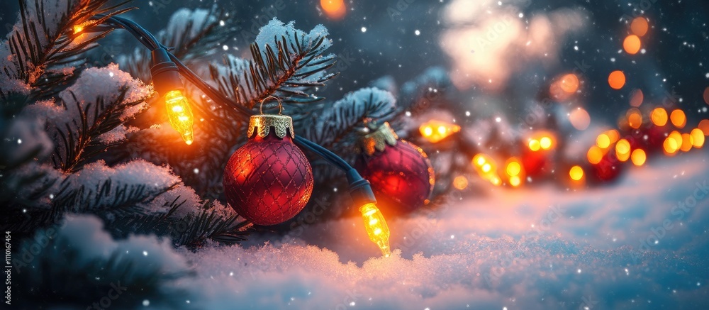 Poster christmas backdrop with festive lights on snow-covered pine branches and red ornaments creating a co