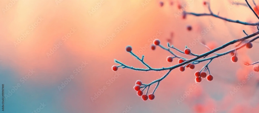 Poster frozen branches adorned with vibrant red berries creating a stunning winter landscape in soft pastel