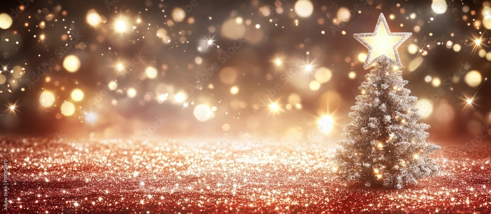 Poster festive christmas background featuring a sparkling red backdrop with a decorative tree and golden bo