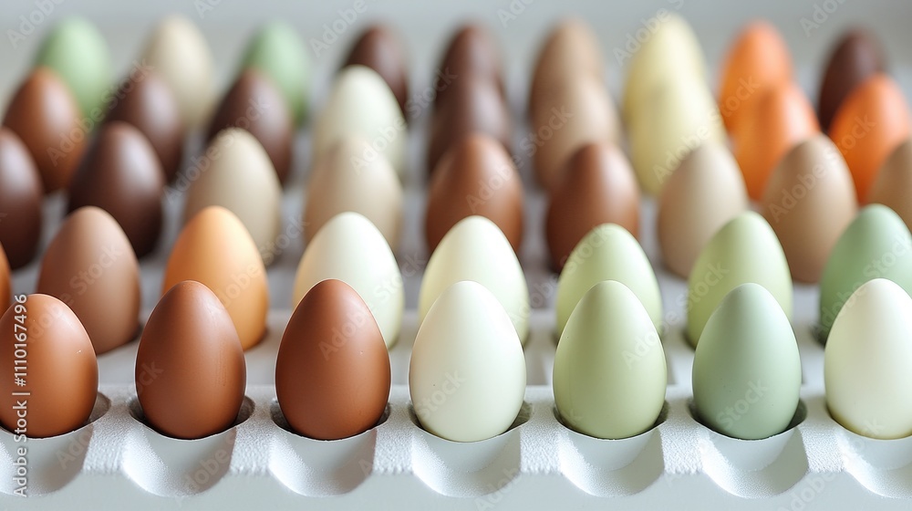 Aufkleber chocolate eggs in various colors arranged neatly in a tray on a clean white background for festive o