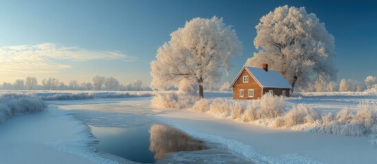 Serene winter landscape with fresh snow covered trees and a cozy house by a frozen pond in a peaceful countryside setting