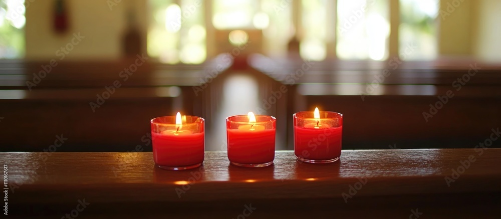 Poster Candles lit inside a church creating a serene atmosphere with a shallow depth of field highlighting spiritual tranquility and reflection