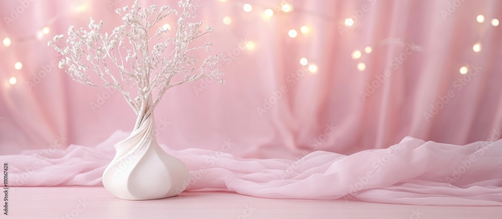 Poster Serene decor setup with soft lighting and decorative tree branches on a blush pink background perfect for creative compositions