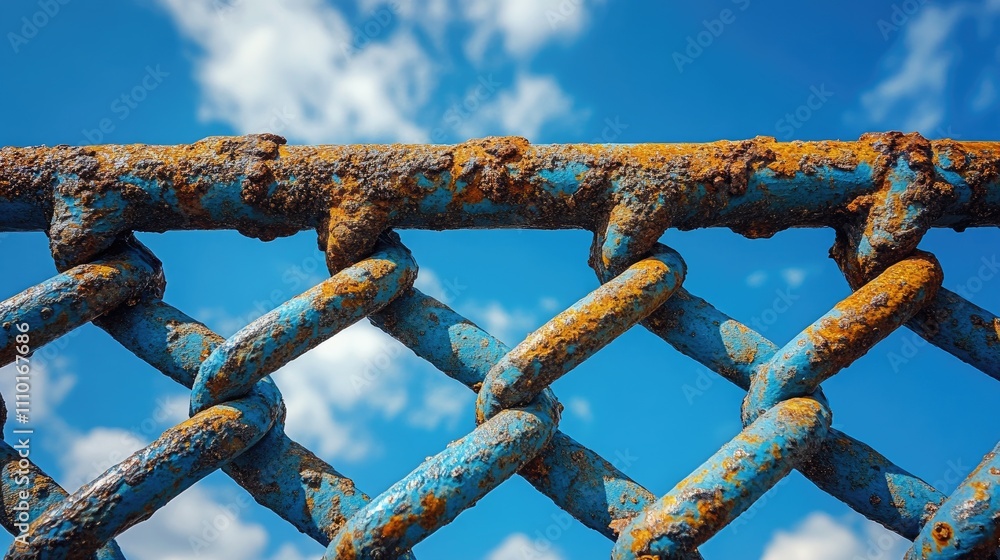 Poster rusty metal grid against a bright blue sky with clouds highlighting texture and color contrast in ur