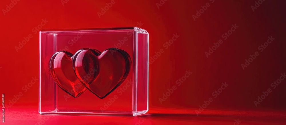 Poster two heart-shaped candies in a clear box on a vibrant red background symbolizing love and affection f