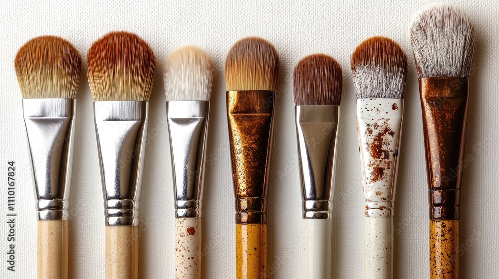 Poster Collection of various paint brushes displaying different shapes and conditions on a clean white background for artistic inspiration and tools