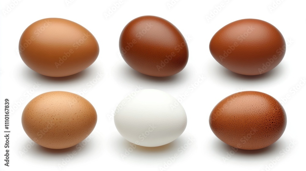 Poster variety of chicken eggs displayed on a white background showcasing different colors and textures in 