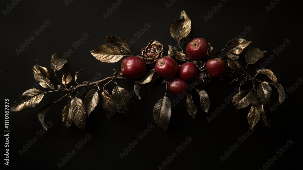 Poster red apples on a decorative branch with golden leaves contrasting against a dark background for a stu