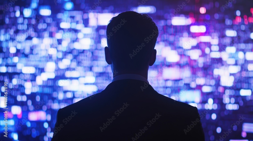 Poster Businessman Analyzing Cyber Crime Data on Futuristic Virtual Screen with Colorful Digital Interface Background