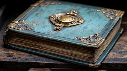Antique book with brass clasps showcasing ornate design reflecting medieval fantasy and religious themes on rustic wooden background