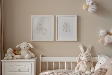 Minimalistic cozy interior of children's room in light shades with two framed poster paintings on the wall. Objects for design, mockup images in frame. Children's toys in interior