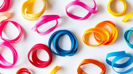 A bunch of colorful rubber bands are spread out on a white background