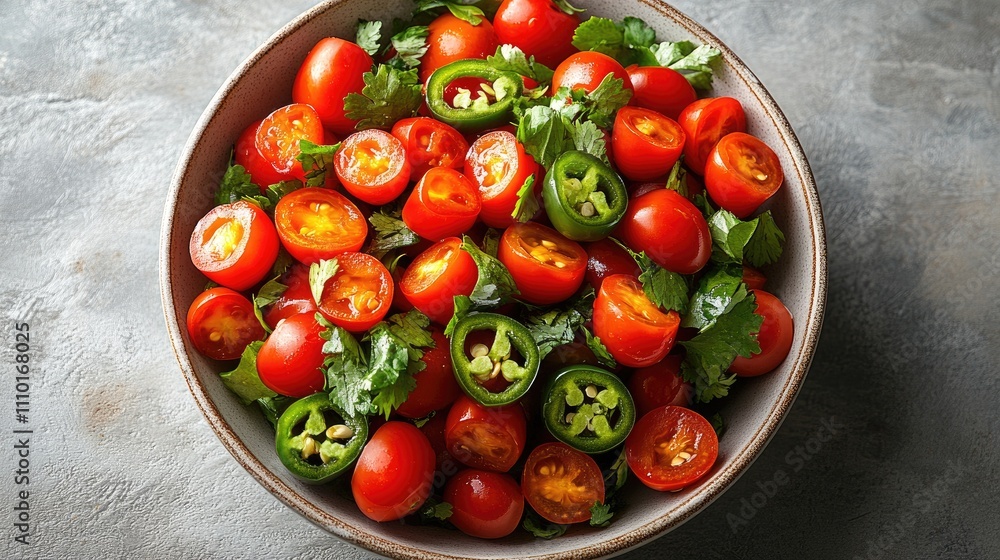 Poster freshly chopped red and green jalapeno peppers with cherry tomatoes and cilantro in a rustic bowl on