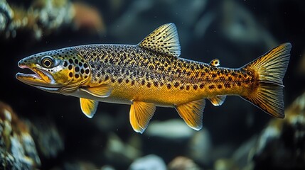 Vibrant brown trout swimming underwater in clear river stream