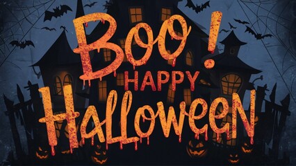 Spooky Halloween Greeting, Grungy 'Boo! Happy Halloween' Design with Haunted House and Bats for Cards, Posters, and Social Media
