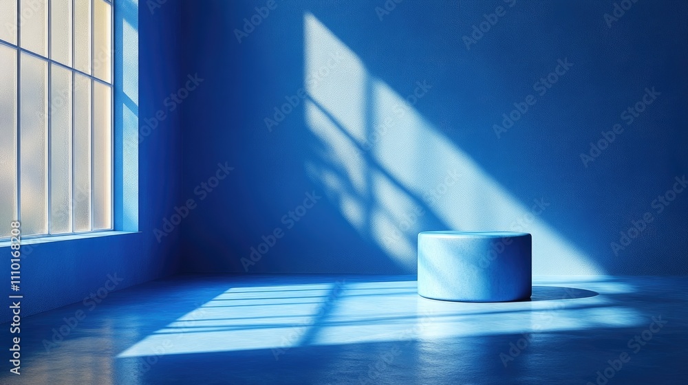 Poster serene blue cylindrical object casting shadows in a brightly lit minimalist interior space with soft