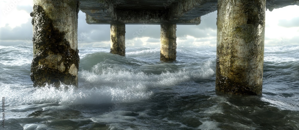 Aufkleber pier structure above turbulent ocean waters with sea foam creating dynamic waves under cloudy sky. c