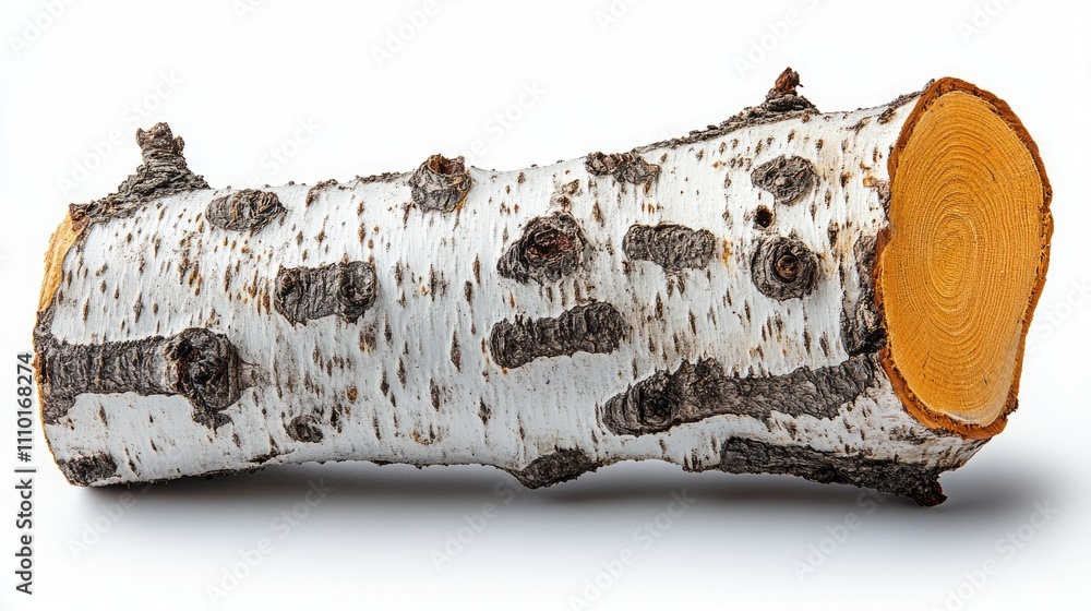 Aufkleber Isolated birch log showcasing detailed bark texture and smooth cross-section against a pure white background for use in various design projects