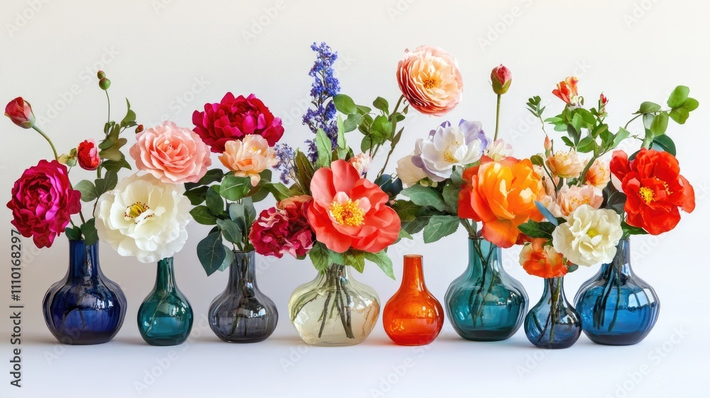 Poster vibrant artificial flower arrangements in colorful vases creating a lively display against a clean w