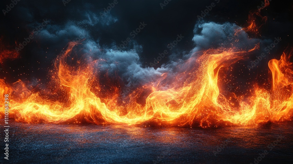 Poster dynamic flames dancing against a dark backdrop with swirling smoke creating a captivating and intens