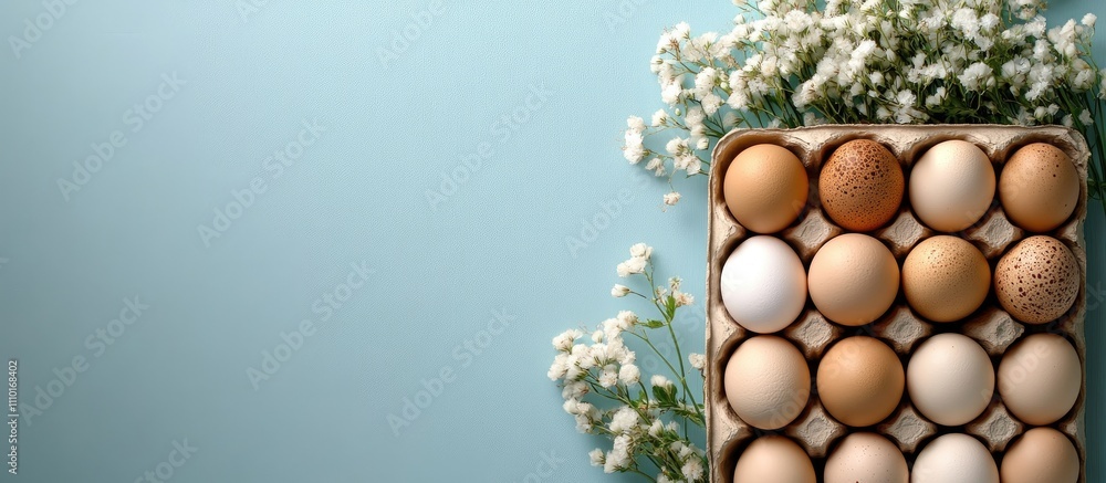 Poster chicken eggs neatly arranged in a tray with a blue backdrop and delicate flowers offering ample spac